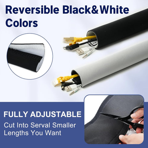 Neoprene Cable Management Sleeve - 10ft (120 inch), 1.5 inch, Velcro Cuttable Cord Organizer for TV USB PC