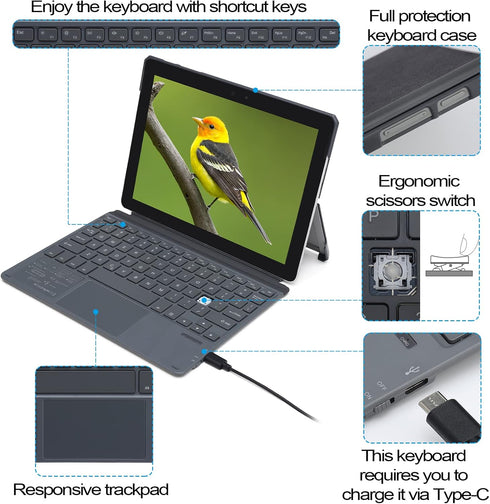 Keyboard Case for Surface Go 3 2021 / Go 2 2020 / Go 2018, Ultra-Slim Wireless Keyboard with Touchpad - Grey