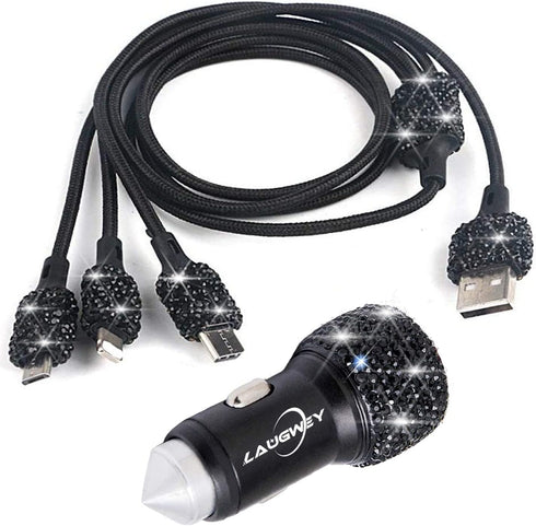 Bling Car Charger Accessories Set, Rhinestone Dual USB Car Chargers + Bling 3 in 1 Charging Cable for Girls