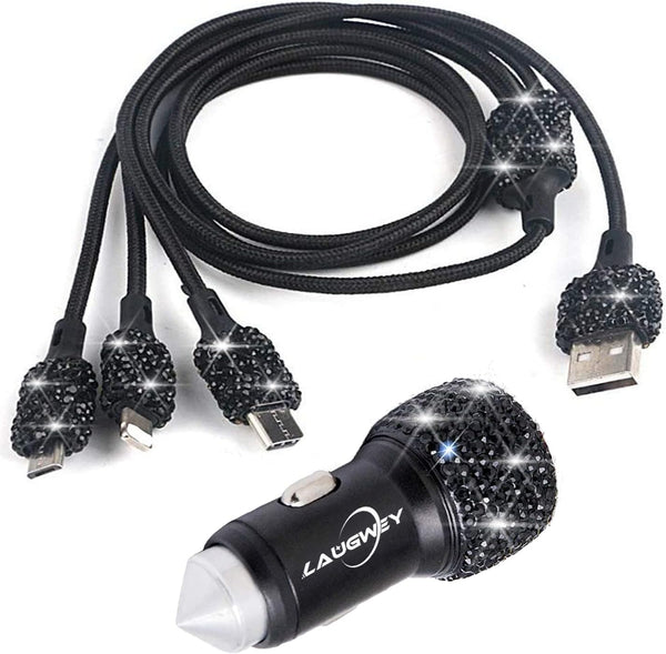 Bling Car Charger Accessories Set, Rhinestone Dual USB Car Chargers + Bling 3 in 1 Charging Cable for Girls