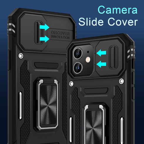 DEERLAMN for iPhone 11 Case with Slide Camera Cover+Screen Protector(2 Packs),Rotated Ring Kickstand Military Grade Shockproof Protective Cover-Black
