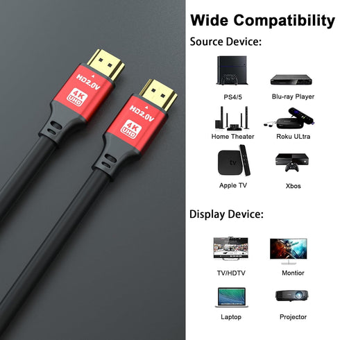 50FT 4K60Hz, 4K Setup. Long HDMI Cable High Speed HDMI Cable with Gold Plated Connectors, Red Aluminum Housing