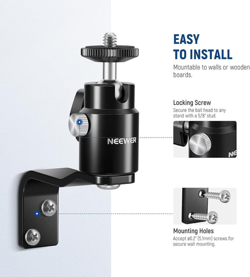 NEEWER 2 Pack E Type Wall Ceiling Mount, Ring Light Wall Mount Bracket with Detachable Ball Head, 5/8" Stud, 1/4" Screw for Flash Strobe Camera Monitor Studio Lighting, Max Load: 4.4lb/2kg, TS007
