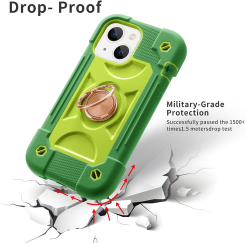 iPhone 14 & 13 Case, Avocado, Heavy-Duty Shockproof Military Grade Rugged Cover with Ring Stand and Screen Protectors