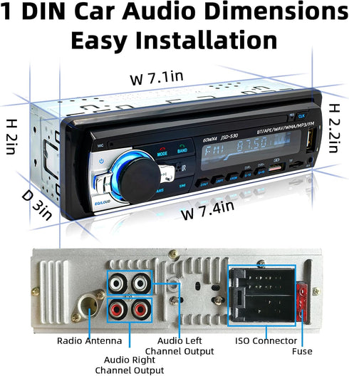 Auroky JSD-530 FM/MP3/TF/AUX/EQ, Single DIN Car Stereo Bluetooth Audio Player Handsfree Radio Receiver Dual USB Ports