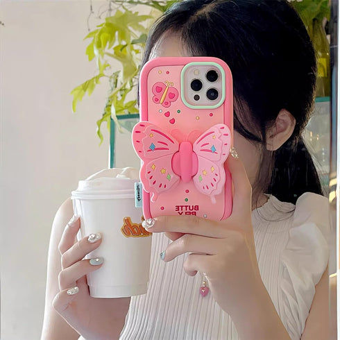 Cute 3D Butterfly iPhone 15 Pro Case, iPhone 14 Pro & 13 Pro with Kickstand, Shockproof Silicone Protector for Girls.