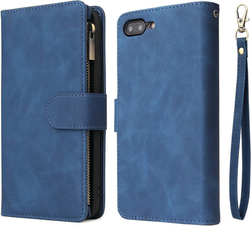 UEEBAI Wallet Case for iPhone 7 Plus, Premium Vintage PU Leather with Magnetic Closure, Zipper Pocket, Blue