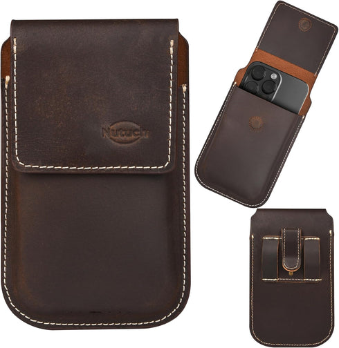 Genuine Leather Phone Holster with Belt Clip, Cell Phone Pouch for iPhone and Smartphone, Leather Phone Case