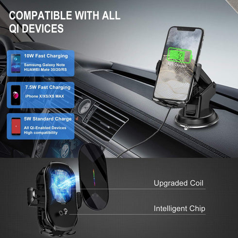 Wireless Car Charger, 15W Qi Fast Charging Auto-Clamping Air Vent Mount, Long Arm Suction Cup Holder for iPhone