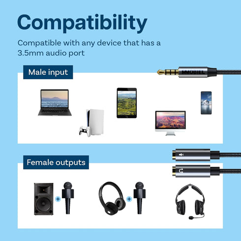 MMOBIEL Headphone Splitter 3.5mm, Mic and Audio Splitter, 1 Male to 2 Female, Compatible with Phone, Laptop, PC,