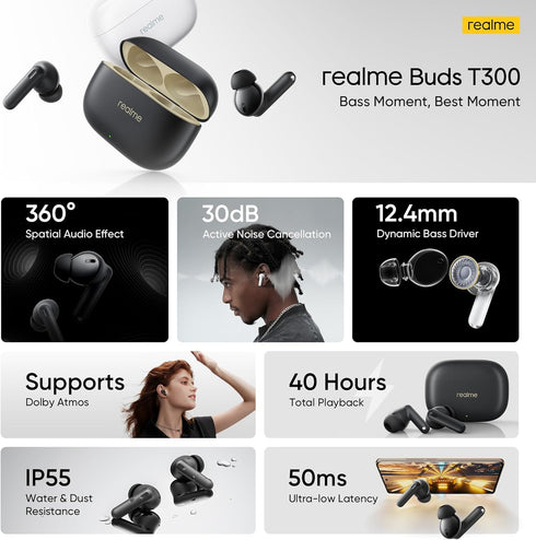 realme Earbud T300, Deep Bass, 30db ANC, Immersive Sound, Up to 40 Hour Playtime, Bluetooth 5.3, Youth White