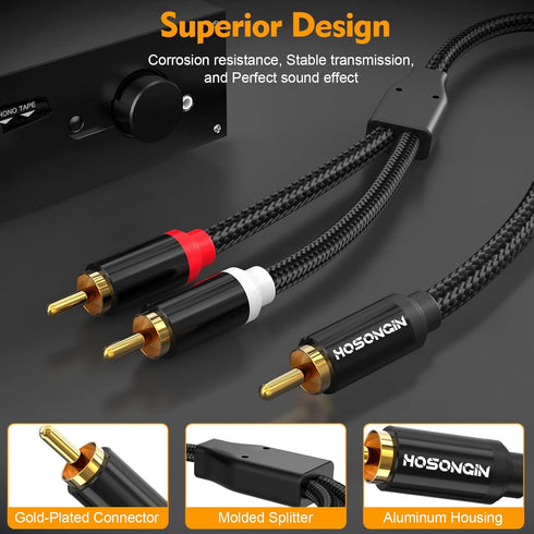1 2 (2 Pack), 12 Inch, 24K HOSONGIN RCA Y Splitter Cable, Male to Male Audio Cables Gold-Plated, Cotton Braided