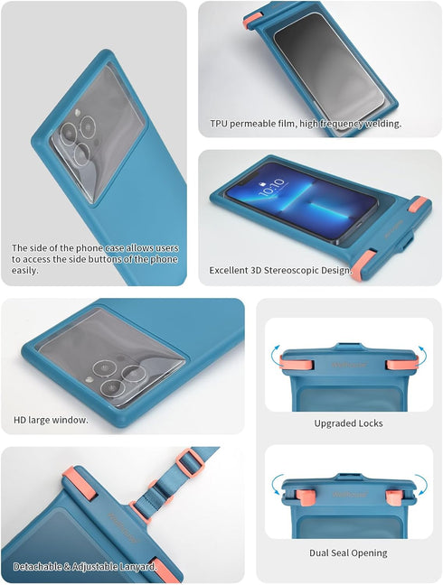 wellhouse Waterproof Phone Pouch, Case for iPhone 15 14 13 12 Pro Max XS Samsung, IPX8 Cellphone Dry Bag, Blue