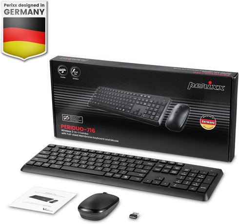 Perixx PERIDUO-716, Wireless Standard Keyboard and Optical Mouse Combo Set - Black