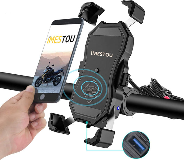 iMESTOU Motorcycle Phone Holder - Wireless Charger and USB 3.0 Quick Charge Mount, Fits 22-32mm Handlebar, Suitable for