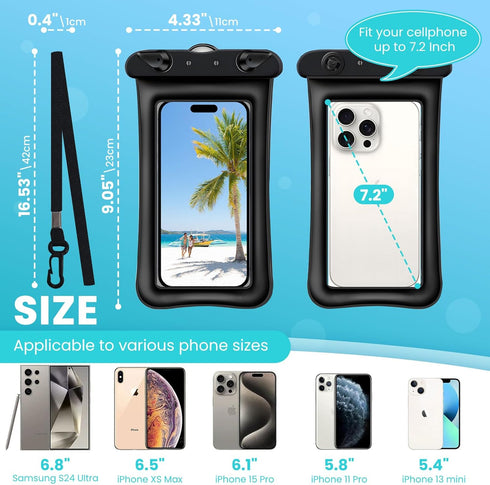 2 Pack Waterproof Floating Phone Pouch, IPX8 Universal Dry Bags with Lanyard Strap for iPhone 15,14,13,12Pro Max, Up to