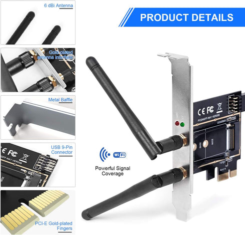 Wireless Network Card Adapter M.2 NGFF to PCI-E, WiFi Network Card Converter with Dual-Band Antenna