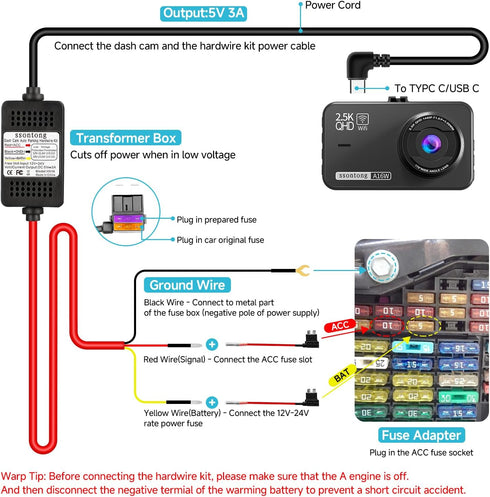 ssontong 3-Lead 12V-24V 5V 13ft Dash Cam Hardwire Kit, Acc Hardwire Kit for Dash Camera Type C Hard Wire Kit to USB-C