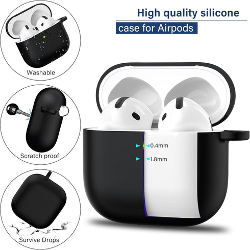 R-fun Soft Skin Silicone Case Cover with Cleaner Kit for AirPods 4th, Full Protective Case with Keychain, Black
