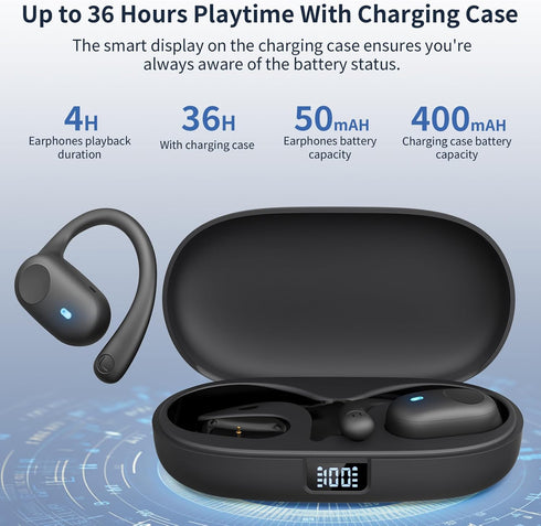 True Open Ear Headphones, Bluetooth Headphones 5.3 Sports with Smart Digital Display, 36H Playtime, IP54 Waterproof, Wireless Earbuds Lightweight Design Fit Cycling, Running, Workout (Black)