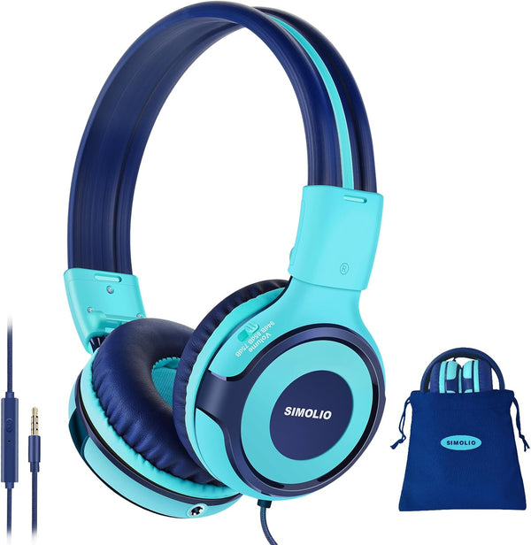 SIMOLIO Foldable Kids Headphones with Mic, 75dB-94dB, Share Port, Stereo Wired, Hearing Protection, Mint, Portable