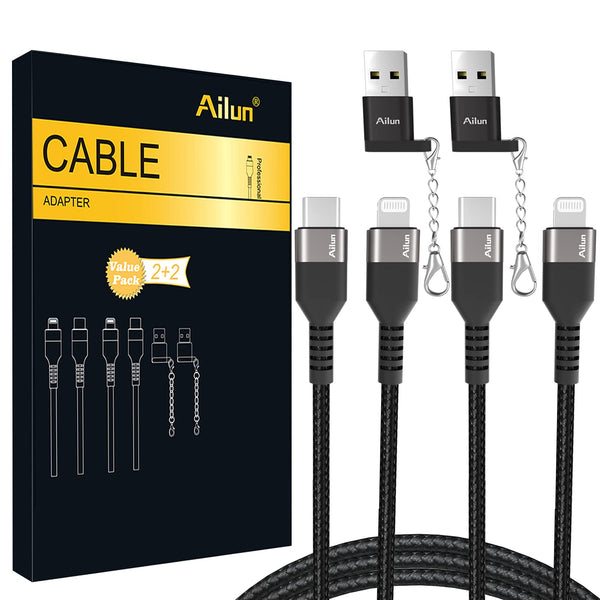 Ailun 6ft USB C to Lightning Cable 2-Pack, MFi Certified for iPhone 14/13/12/11/X, includes USB C to USB A Adapter.
