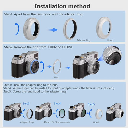 Haoge LH-X51W Ultra-Thin 2in1 All Metal Lens Hood with Adapter Ring Set for Fuji X100VI X100V Camera - Silver