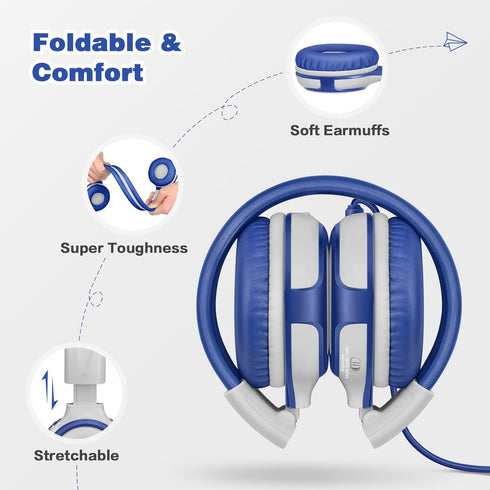 SIMOLIO Kids Headphones - Foldable On-Ear with Microphone, Volume Limited 75dB/85dB/94dB for School, Travel, Grey