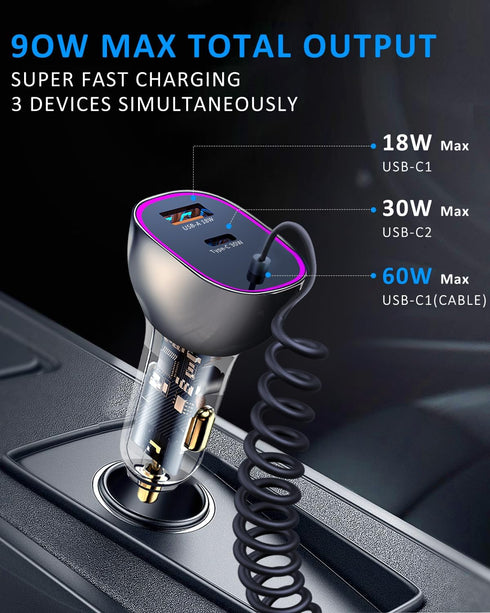 90W USB C Car Charger with 5ft 60W Type C Coiled Cable, Super Fast Adapter for iPhone 15 Pro Max, Samsung Galaxy S24