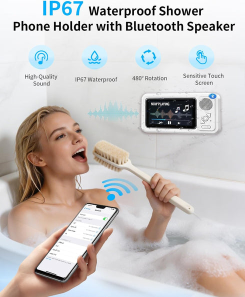 NLCCLTQ Altavoz Shower Phone Holder Waterproof for iPhone Bathroom Fan with Speaker Bluetooth Water Proof Wall Mounted