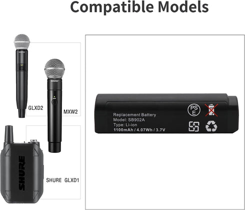SB902 Replacement Battery for SHURE GLXD1 GLXD2 Digital Wireless Systems Speaker, 3.7V
