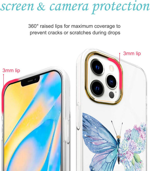JAHOLAN Clear Case for iPhone 12 Pro Max - Purple Glitter Cute Butterfly Design, Shockproof TPU Bumper Hard PC Back