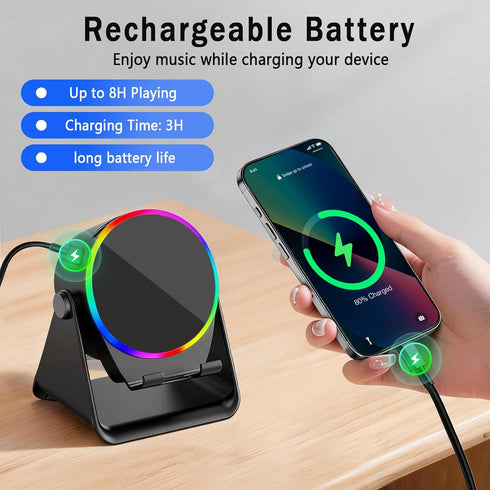TEFELE 5-in-1 360 Wireless Induction Speaker, Bluetooth Speaker with Phone Holder, Rotation & RGB Lights, HD Stereo
