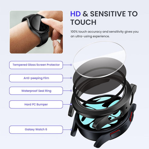 Goton Waterproof Case for Galaxy Watch 6, Tempered Glass Face Cover for Samsung Watch 6 Accessories 44mm, Privacy Black