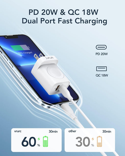 VRURC Apple Watch Charger, PD 20W Fast Charging Block, USB C Wall Charger Power Adapter with Dual Port, White