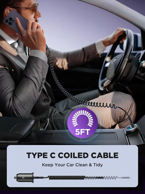 JOYROOM 4.8A Car Phone Charger, Mini All Metal Cigarette Lighter USB Charger with Type C Coiled Cable for iPhone 15 Pro