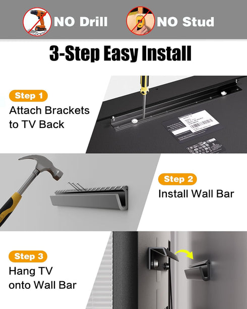 Heavy Duty No-Stud TV Mount for 32-75 Inch TVs, Studless Drywall Bracket, Easy Install, Supports VESA 600x400mm