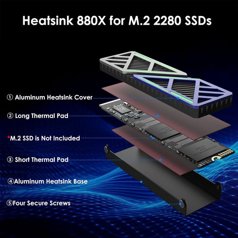 WAVLINK NVMe Heatsink 880X, M.2 Heatsink supporting 2280 NVMe/SATA SSDs for PC/PS5/mATX/Mini-ATX, High-Performance SSD Cooler with Dual Thermal Silicone Pads, 3mm Adjustable Height, Aluminum Alloy