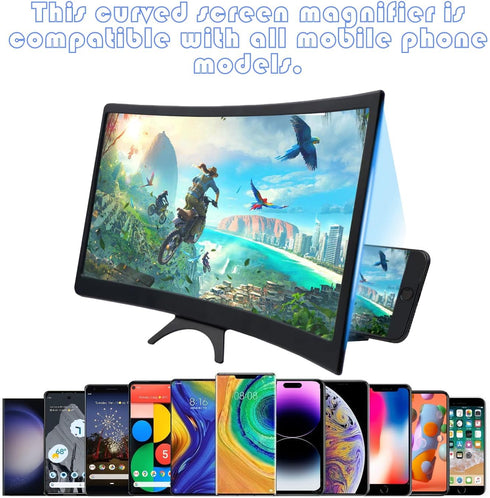 Svenirven 12'' 3D Curved Screen Magnifier, HD Mobile Video Movie Smartphone Screen Amplifier Projector Cell phne Stand