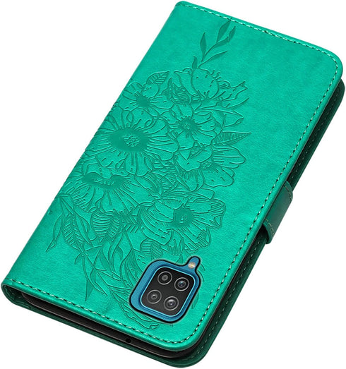 Flip Cover Phone Case Wallet for Samsung Galaxy A12, Butterfly Floral Embossed, Wrist Strap, Card Holder, Green