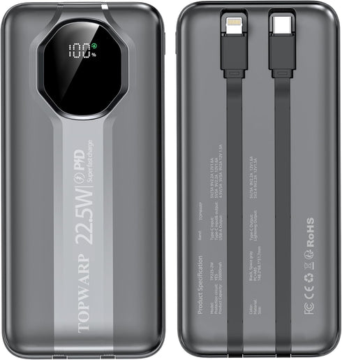 Power Bank, 20000mAh PD 22.5W Portable Charger with 4 Built-in Output Channels, 2 Output Cables, QC3.0 Fast Charging