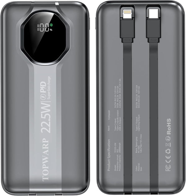 Power Bank, 20000mAh PD 22.5W Portable Charger with 4 Built-in Output Channels, 2 Output Cables, QC3.0 Fast Charging