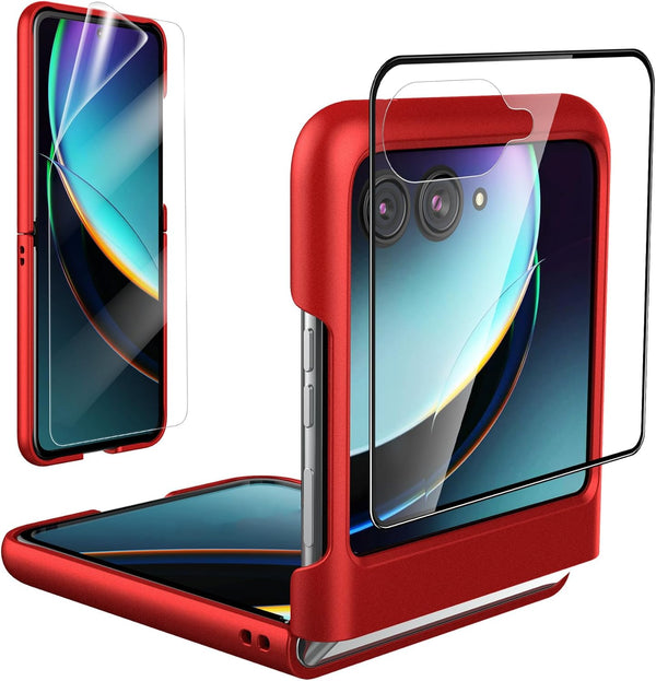 Foluu Slim Fit Case for Motorola Razr Plus 2023, Red Matte PC Cover + 1 Pack Soft TPU & Built-in Screen Protectors.