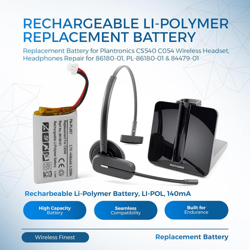 Replacement Battery for Plantronics CS540 C054 Wireless Headset, Rechargeable Li-Polymer Battery 140mA