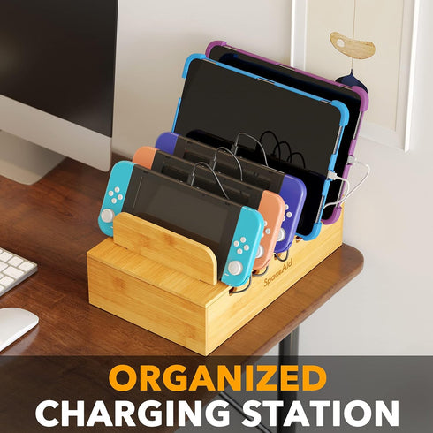 SpaceAid Bamboo Charging Station for Multiple Devices, Cell Phone Docking Stations for Multi Laptop, Tablets and iPads