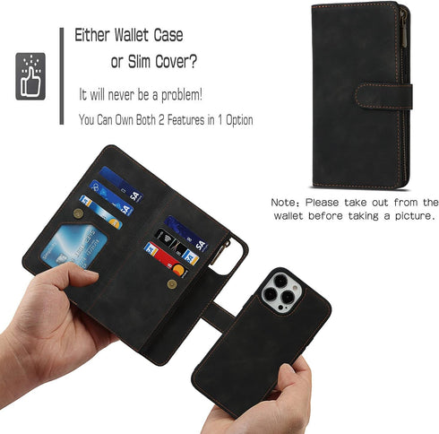 iCoverCase Wallet Phone Case for iPhone 13 Pro, PU Leather Zipper Pocket with Card Holder and Wrist Strap (Black)