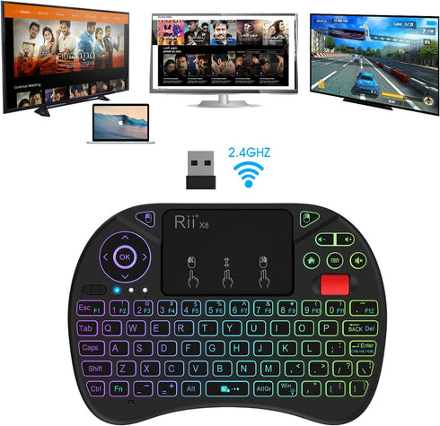 Rii X8 Mini Keyboard, 2.4GHz Portable Wireless Keyboard with Touchpad Mouse, RGB Backlit, Rechargeable for Android TV