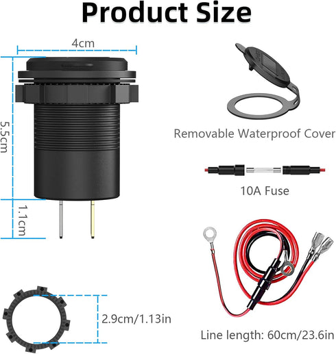 Qidoe USB C Car Charger Socket, 12V/24V Dual USB Outlet with LED Voltmeter & ON/Off Switch for Car, Boat, Truck