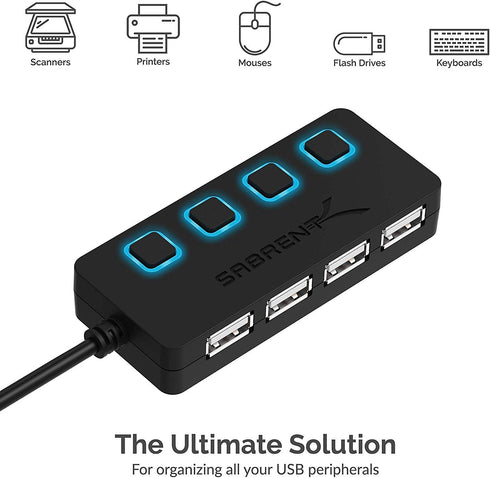 SABRENT 4 Port USB 2.0 Data Hub with Individual LED Power Switches, Charging NOT Supported for Mac & PC