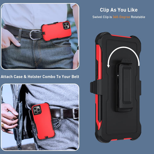 Heavy Duty iPhone 12 Pro Max Case (6.7") - Shockproof, Red, with Belt Clip Kickstand & Tempered Glass Screen Protector.